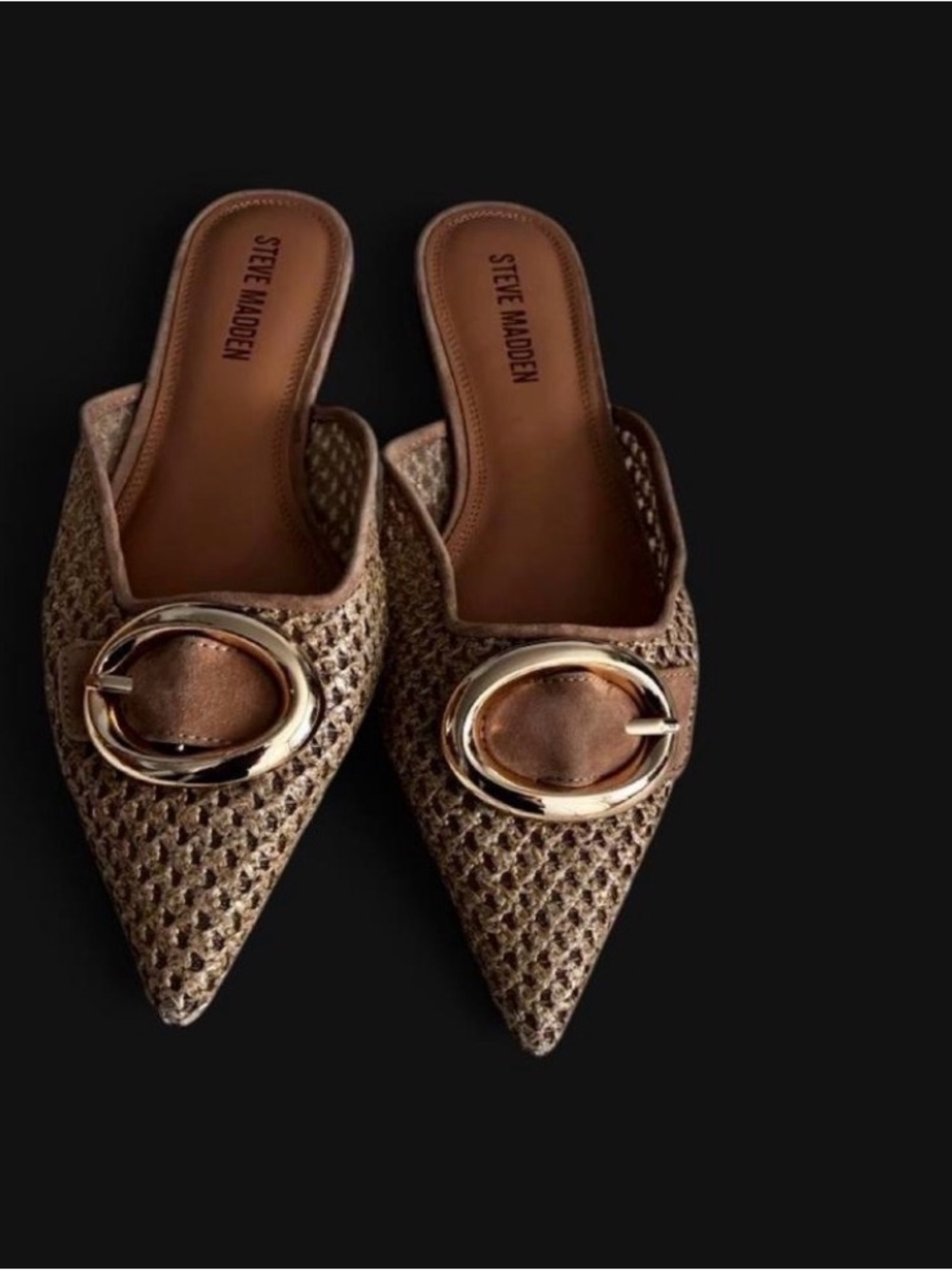 Steve Madden Tan Woven Pointed-Toe Mule with Gold Buckle